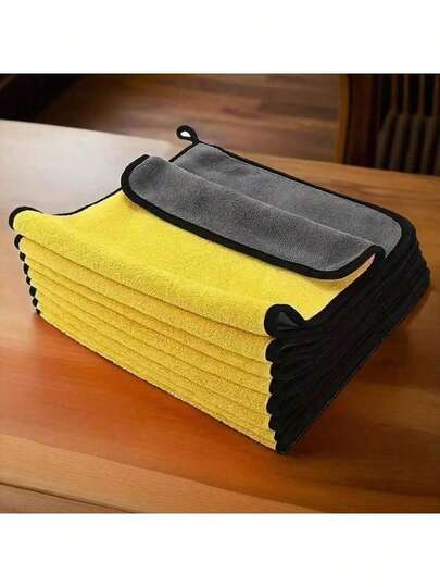 Set de 5 paños de limpieza de felpa de coral de doble cara de fibra ultrafina - Toallas reutilizables de alta absorción, diseño de dos colores (amarillo y negro), forma cuadrada adecuada para el hogar, la cocina, el coche, el baño, la limpieza de vidrios, paños de cocina