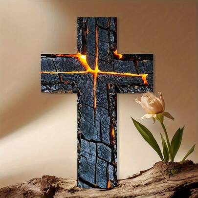 1 Piece Vintage Wooden Cross Wall Art 8x12 Inches - Glow Effect Faux Wood Religious Decoration For Living Room, Bedroom - Indoor Festival Decor: Easter, Halloween, Valentine's Day Multi-Occasion Home Decoration In Bohemian Style