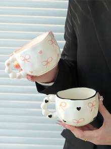 Joivida 1 件珍珠柄陶瓷咖啡杯，可爱蝴蝶图案陶瓷茶杯，家用带边早餐杯，适合夏季冷饮，冬季热饮，适合各种场合