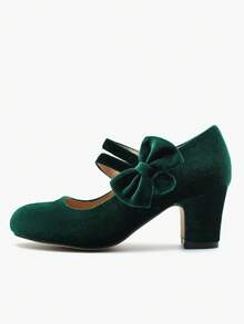 秋冬婚礼休闲时尚高跟玛丽珍 T 型带鞋、粗跟正装鞋、天鹅绒工作浅口鞋、户外女鞋（鞋子尺码偏大，如果您的脚比较瘦，请订购小 1/2 码） - 綠色 - 查看 6