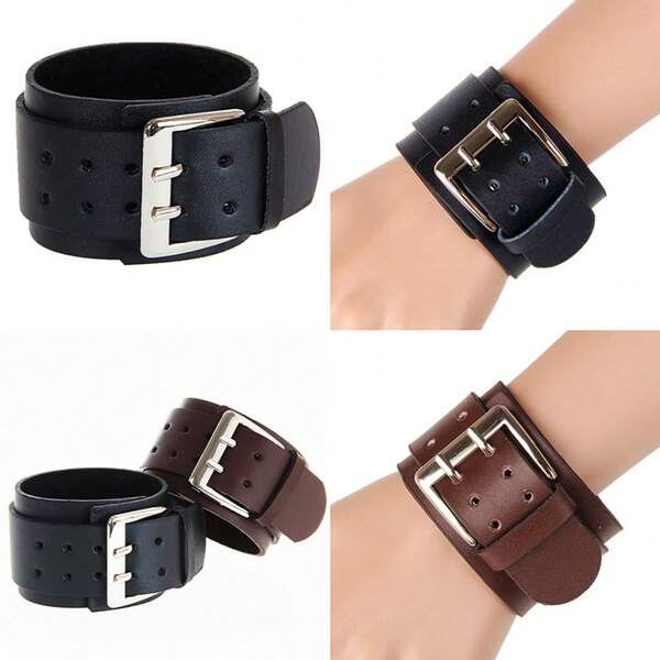1pc Niche Design Double Layered Leather Bracelet For Men, With Minimalistic Ring And Buckle Detail, Vintage Jewelry Accessory