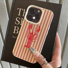 1pc Vintage Pink Striped Lobster Pattern TPU Phone Case Compatible With Apple/ Phones, International Version,  Not The Domestic Version - White - View 3