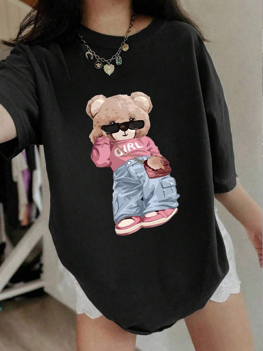 1 Pack Girls Casual Printed Crew Neck Short Sleeve T-Shirt Summer Student Youth Clothing - màu đen - Xem 1