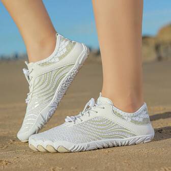 女士条纹渐变色五趾鞋，沙滩水鞋，夏季白色网眼低帮鞋，速干涉水鞋，赤脚鞋，适合海滩度假、派对、露营、水上运动、漂流、游泳、夏季