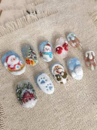 Christmas Nail Art Set, Made Of High-Quality Materials, Includes Snowy Fairytale Theme False Nails, Santa Sleigh, Santa Claus, Forest Painter Elements, Set Contains: False Nails + 1 Piece Gel Polish + 1 Piece Matte Sticker