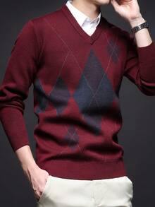 Men's Thick Round Neck Sweater, Business Casual Jacquard Knitted Long Sleeve Top, Suitable For Layering Or Outerwear, Plaid & Striped Pattern, Autumn/Winter - Red - View 5