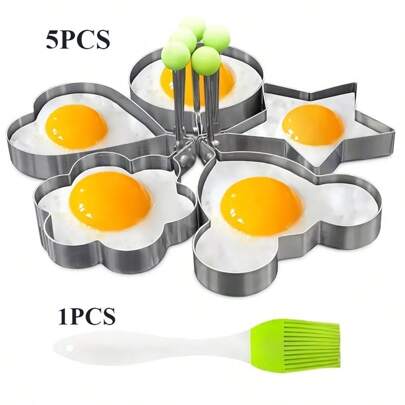 6PCS-5PCS Fried Egg Ring+1PC Oil Brush, Creative Stainless Steel Egg Cooking Ring Set - Cartoon Shaped Non Stick Fried Egg Ring, Heart, Star, Flower, Cloud - Kitchen Tool For Pancake, Fried Egg, Chicken Roll