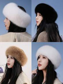 1pc Autumn/Winter Plush Solid Beanie Hat, Thickened Faux Fur Trim Warm Hat With Loop, Women - Multicolor - View 12