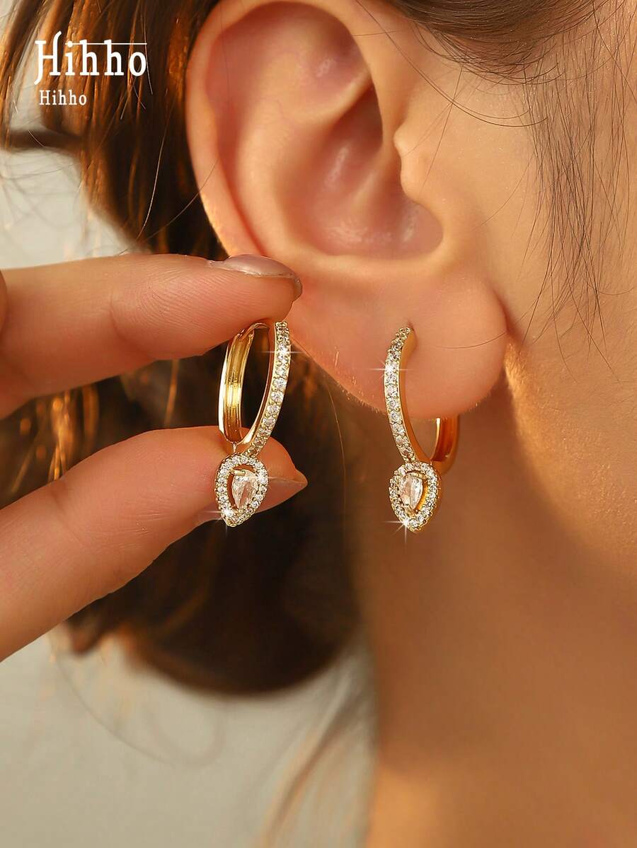 Hihho 1 Cặp bông tai hình giọt nước đính đá Zirconia tối giản, Phụ kiện trang sức thời trang, Quà tặng cho ngày hẹn hò - Vàng - Xem 1