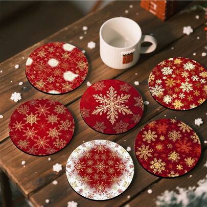 1套/4件/6件/300件圣诞金色雪花红色背景图案硅藻泥杯垫，咖啡杯垫，家居和餐厅多场合装饰品，日常礼品，餐桌装饰，日常装饰，主题派对装饰