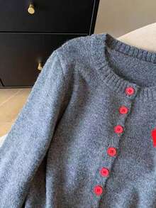 休闲简约拼色刺绣针织开衫 - 紅色 - 查看 3