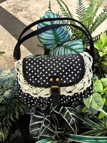 Túi xách chấm bi phong cách Hàn Quốc Back To School màu tương phản, thích hợp cho sinh viên đại học, túi đeo chéo, túi vải bố chấm bi cao cấp, túi đi học cho nữ - màu đen - Xem 2