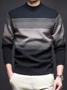 男士厚圆领毛衣，商务休闲提花针织长袖套头衫，适合分层穿着或外套，秋冬 - 黑色 - 查看 7