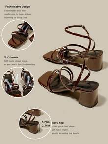 Women's Coffee Brown High Heel Sandals, Criss-Cross Open Toe Lace-Up Chunky Heel Strap Sandals, Summer Shoes