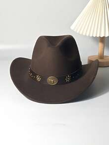 1pc Unisex Western Cowboy Hat, Decorated With A Detachable Floral Gemstone Bull Head Belt - 100% Polyester Hand-Woven Jazz Top Hat, Non-Elastic, Lightweight Design, Suitable For Outdoor Activities, Horseback Riding, Party Stage Performances, Birthday Parties