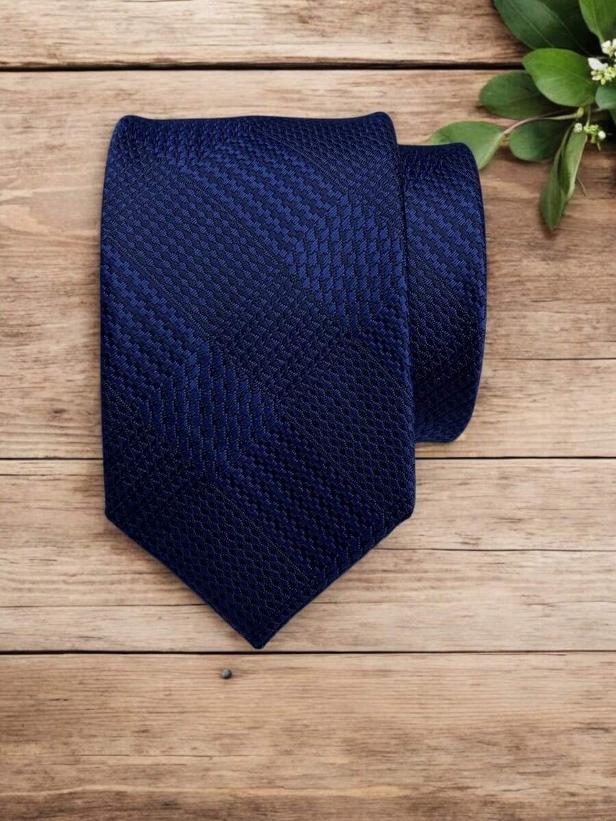 Luxury Men's Skinny Tie Polyester Silk Solid Color Polka Dots Slim Jacquard Groomsmen Tie - 寶藍色 - 查看 1