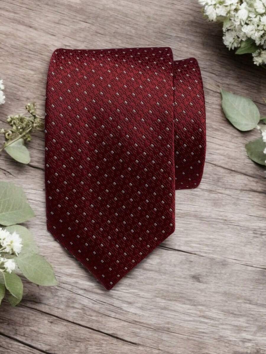 Luxury Men's Skinny Tie Polyester Silk Solid Color Polka Dots Slim Jacquard Groomsmen Tie - 紅白色 - 查看 1