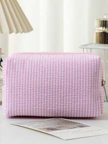 Customized Text & Striped Travel Toiletry Bag - Personalized Zipper Cosmetic Organizer Pouch, Portable Polyester Storage Box, Suitable For Travel, School, Dorm Or Home - Perfect Gift For Mom And Wife, School Essential Organizer, Waffle Material + Exclusive Name Embroidery, Christmas, Valentine's Day Gift, Makeup Brush Holder, Makeup Mirror Makeup Brush Lipstick Organizer, Portable For Business Trip And Travel. Suitable For Storing Cosmetics, Stationery, Car Accessories Christmas Beauty Accessories