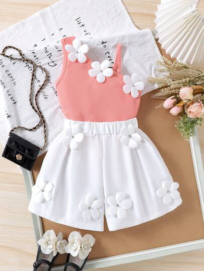 2pcs/Set Young Girl Elegant Floral 3D Decor Spaghetti Strap Tank Top And Shorts Set, Summer