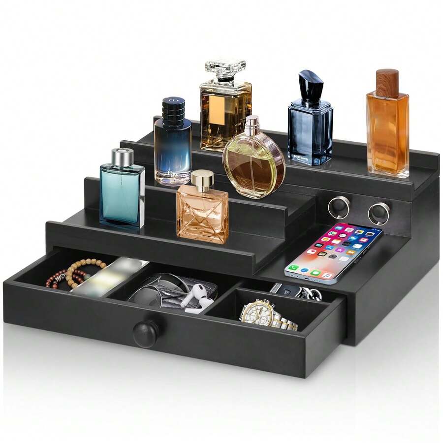 Cologne Organizer For Men With Drawer, Wood Cologne Stand Display Shelf With Hidden Compartment, Perfume Holder Organizer For Dresser, Room Essentials For Men, Display Risers, Gift For Husband, Father - Black - View 1