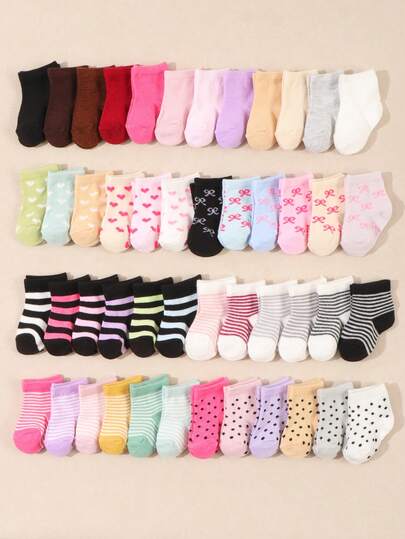10 Pairs Baby Girl Autumn And Winter Polka Dot Striped Bow Round Neck Gift Socks