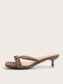 Sandalias de tacón alto con puntera cuadrada y decoración metálica, estilo casual de mulas para uso al aire libre, nueva moda elegante para mujeres 2025 - Marrón - Ver 2