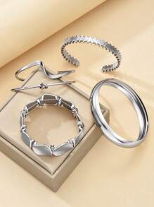 5 件复古夸张奢华几何设计宽金属银手镯套装，适合日常佩戴和送礼 - 銀色 - 查看 6