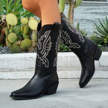 Western Style Embroidered Chunky Heel Mid-Calf Boots For Women, Vintage Boots For Outdoor Travel, Horseback Riding, Music Festivals, Fashion Essential - Black - View 6