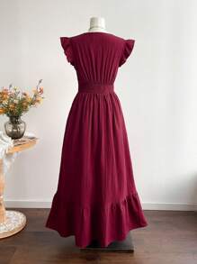 Rusttydustty Women's V-Neck Patchwork Lace Lace And Ruffle Fly Sleeves, Pleated Waist Cinching Dress,Cyber Monday Christmas Halloween New Year's Wear Party