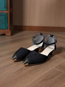 Outdoor Fashion Personalized Rhinestone Pointed Toe Black Thick Heel Breathable Party Children Student Flat Sandals - Black - View 6