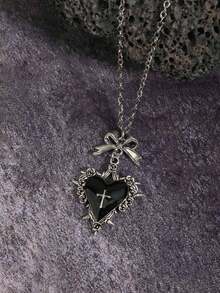 哥特式 Y2K 亚文化黑色心形蝴蝶结荆棘吊坠项链，独特设计颈链 - 黑色 - 查看 3