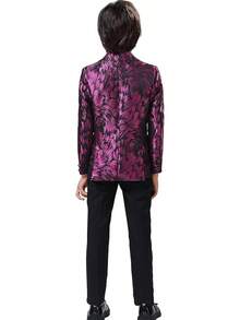 Teen Boy Jacquard Tuxedo 3 Piece Suit Set - Bow Tie Included For Wedding Prom - 玫紅色 - 查看 3