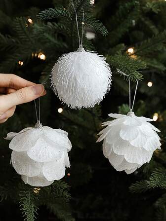 3pcs White Glittery Floral Christmas Balls With Layered Petals, Clip-On Hanging Decorations For Xmas Tree, Wedding, Party - Durable PVC Material, Elegant Holiday Ornaments For Home, Events, Gifts, Christmas Party Decorations