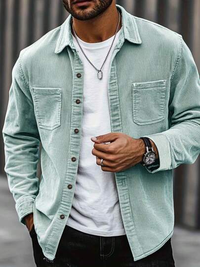 Bestselling Lightweight Corduroy Polyester Men's Casual Shirt Jacket, Turndown Collar Button Long Sleeve Cardigan With Dual Pockets, Suitable For Daily Casual, Fashion Minimalist Outings, Comfortable Home And Street Wear, Thin Long Sleeve Shirt