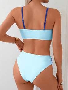 Two-Piece Bikini Swimsuit Set With Colorblock Crossover Cropped Top And Swim Briefs, Featuring A Top With Adjustable Straps Decorated With Metallic Beads In A Tricolor Cutout And A Regular Triangle Bottom. - Blue - View 3