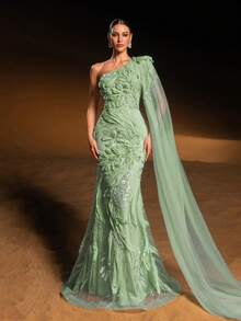 GIFORU 奢华薰衣草色单肩晚礼服 - 优雅花卉水晶串珠雪纺披肩，适合红毯盛典、白色礼服、新年优雅派对、高贵长款毕业礼服、闪亮礼服等场合。 - 草綠色 - 查看 7