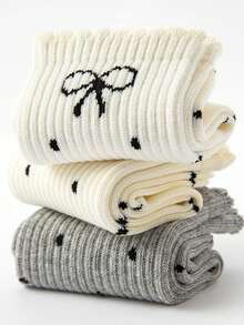 5双春秋冬儿童袜子，黑色，白色，灰色，波点，蝴蝶结袜子，百搭，休闲运动女童袜 - 彩色 - 查看 10