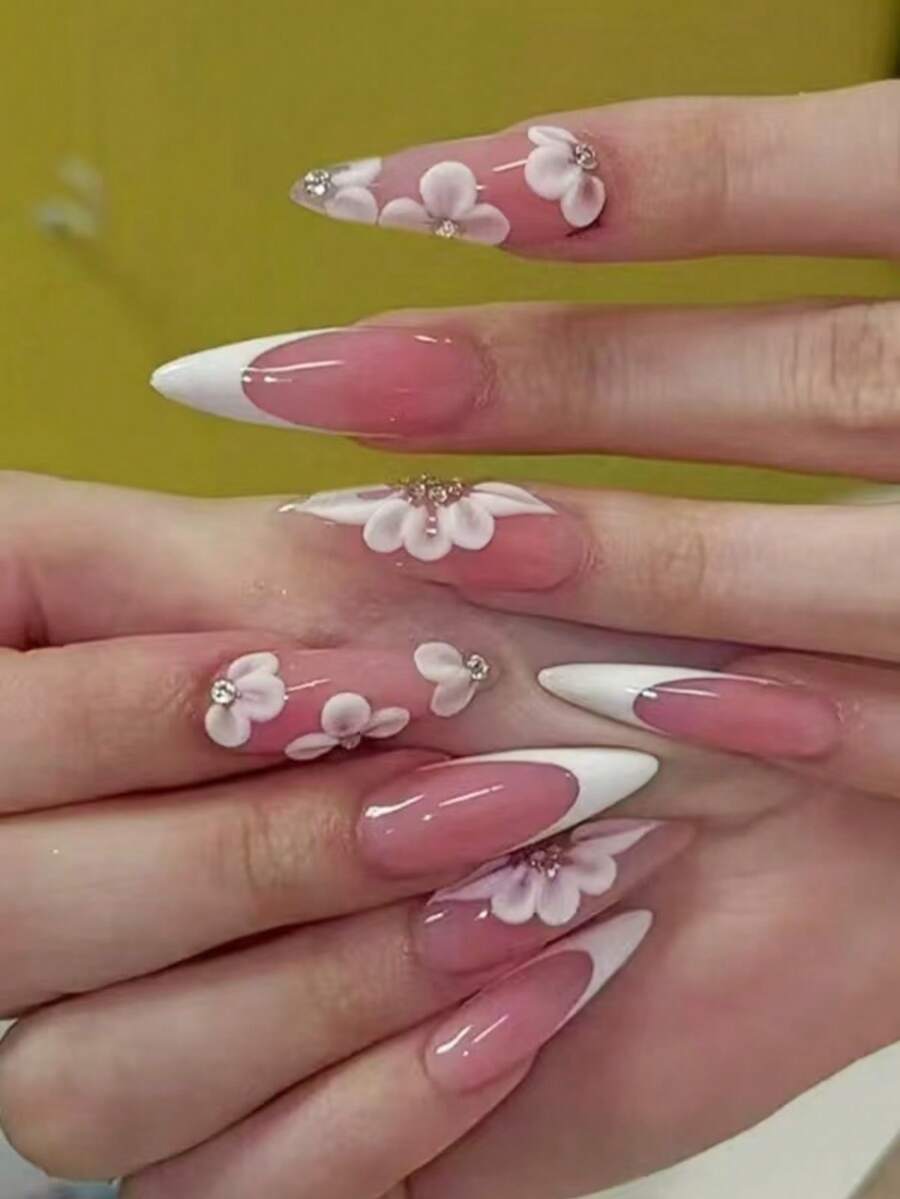 nailrosy 10Pcs Acrylic Handmade Press On Nails KitLong  Almond White Pink French Elegant Fake Nail Tips For Women Daily Reusable Wedding Birthday Party Chic Old Money Y2k Gel 3D Floral - trắng - Xem 1