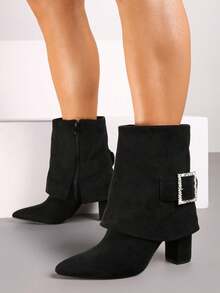 Ankle Boots mit Absatz, umgeschlagenem Schaft und Strass - Schwarz - Übersicht 2