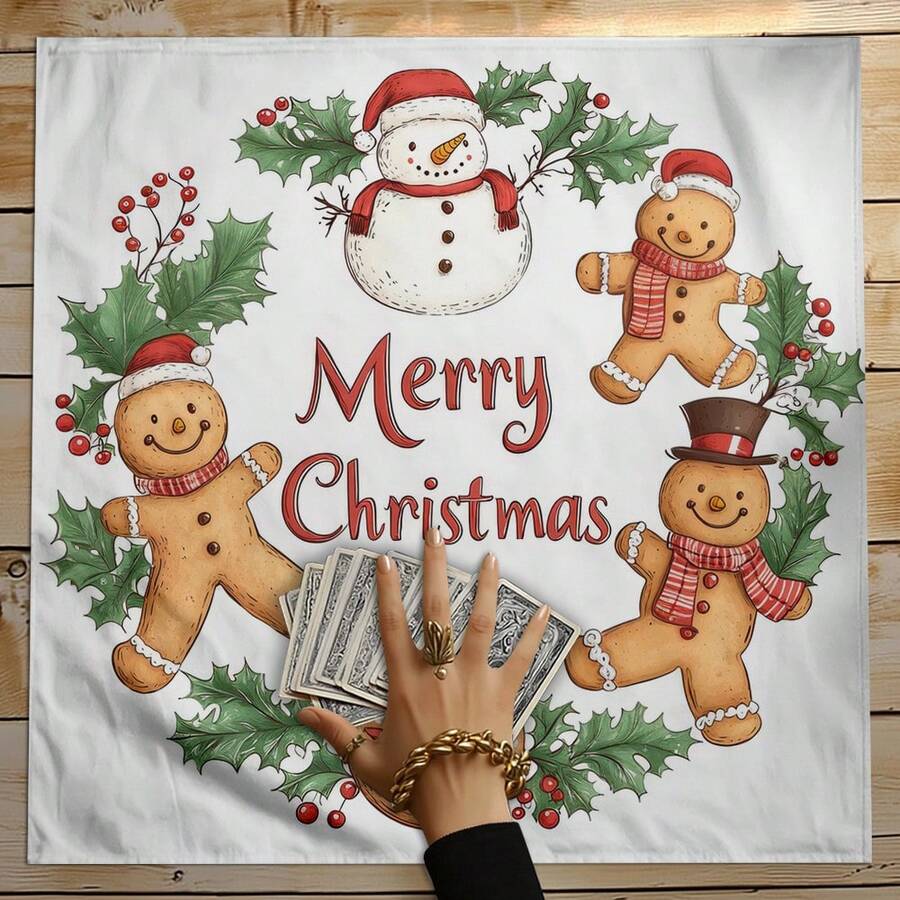 1 pezzo Telo da tarocchi decorativo con stampa di pupazzo di neve e omino di pan di zenzero, realizzato in tessuto di poliestere, ideale per la divinazione. Adatto per Natale e altre occasioni, può essere utilizzato come tovaglia o telo rituale.