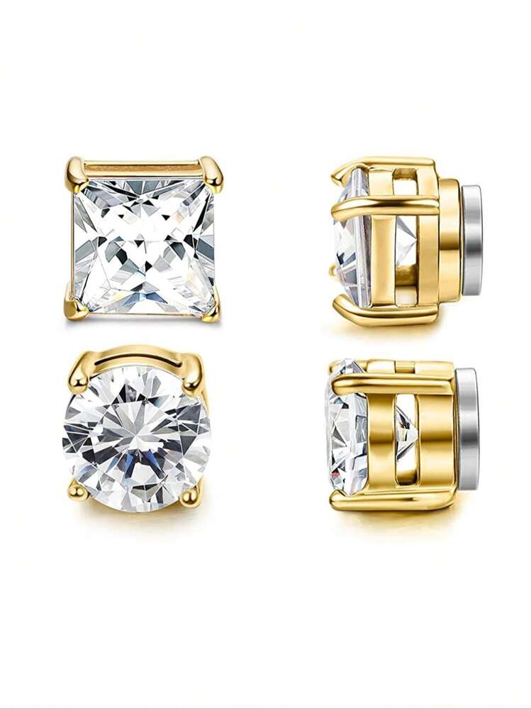 4pcs Minimalist Cubic Zirconia Decor Magnetic Ear Clips For Men, Everyday Wear Accessory - Men's Ear Clip Two Piece Set - View 3