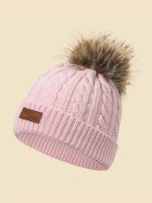 1pc Solid Color Baby Pom Pom Knit Hat With FAS JEANSPU Label, Cable Knit Design, Suitable For Autumn/Winter Daily Warmth And Cold Protection - 1PC - View 11