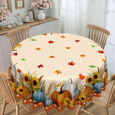 1pc Autumn Thanksgiving Tablecloth, Harvest Theme Printed Dining Table Cover With Pumpkin, Sunflower, Maple Leaf Elements, Polyester Fabric With Lace Trim, Rectangular And Round Sizes, Suitable For Indoor And Outdoor - Farmhouse Kitchen Dining Room Decor, Thanksgiving Holiday Gift, Durable Machine Washable Home Tablecloth