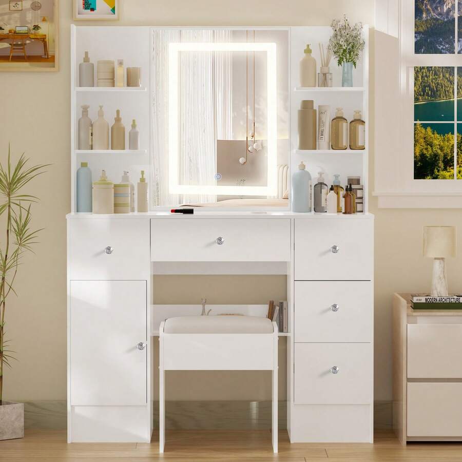 Tocador con espejo y luz LED, escritorio con 5 cajones y taburete - Perfect For Organizing Makeup, Skincare, Elegant Vanity|Decorative Vanity, Vanity Furniture, Compact For Small Space, Bedroom Decor Gift, Perfect Gift For Women Girls , Ideal para regalos de Navidad y Halloween. - Blanco - Ver 1