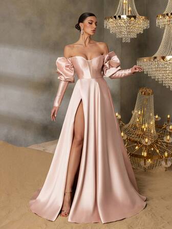 Faeriesty Elegante vestido de noche con hombros descubiertos y mangas largas, con cierre de lazo en la espalda, abertura alta en el muslo y silueta acampanada en A - Vestidos de gala premium para eventos de etiqueta negra, banquetes de lujo por la noche, alfombra roja, noches de ópera y grandes recepciones de bodas