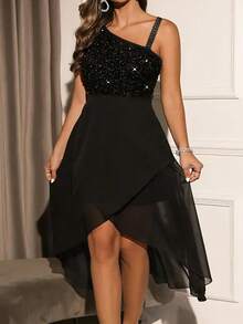Women's Plus Size Ball Gown Sequined One Shoulder Wrap Sleeveless High Waist A-Line Midi Dress High Low Party Dress