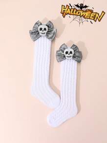 1 双女孩简约万圣节趣味卡通装饰踝袜，闪亮蝴蝶结点缀纯色罗纹及膝袜，四季皆宜 - 彩色 - 查看 33