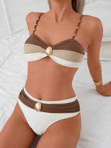 Two-Piece Bikini Swimsuit Set With Crisscross Colorblock Crop Top And Swim Bottoms, Featuring Adjustable Strap Top Decorated With Metallic Beads In Tricolor Cutout And Regular Triangle Bottom - 棕色 - 查看 3
