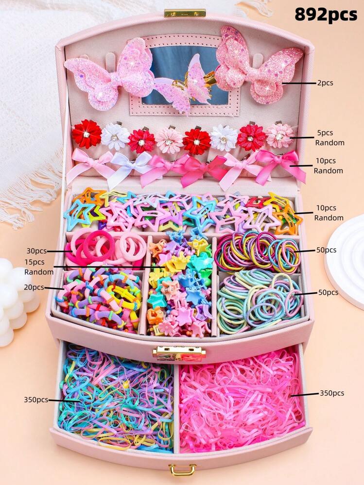 892件/套可爱粉色发饰套装，包含彩色发夹（花朵、蝴蝶、星星款式）和弹力发圈 - 适合女孩和女士，可用于学校、派对、玩耍和日常发型。多种可爱款式激发创意 - 这份礼物让女孩们每天都能开启“美丽发型之旅”。包含发夹、发卡、美发套装、礼物、头部饰品、情人节饰品。 - 彩色 - 查看 20