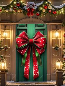 1 pezzo Decorazione per porta natalizia in poliestere con fiocco - Senza elettricità necessaria, grande striscione natalizio per porta, design di confezione regalo invernale natalizia, insegna decorativa natalizia da appendere alla porta per la casa (90cm x 180cm)